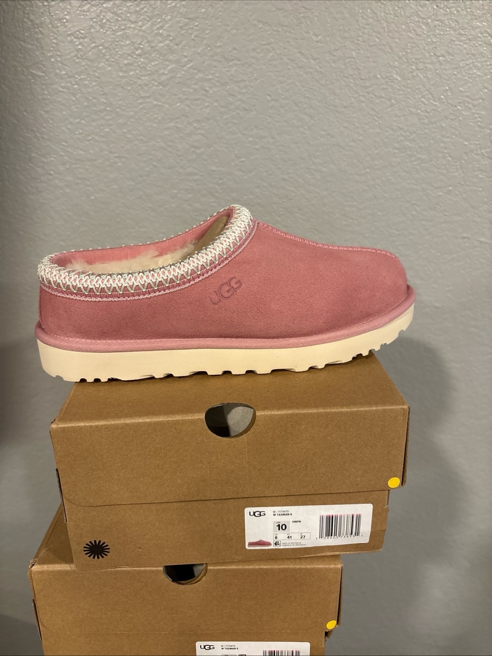 UGG Pink Suede Slip-On Slippers with Shearling Trim